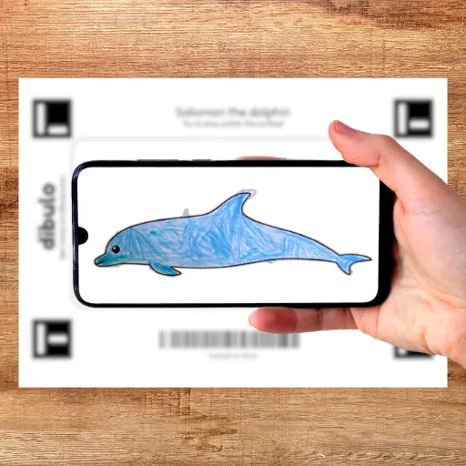 A phone taking a picture of a colored dolphin template